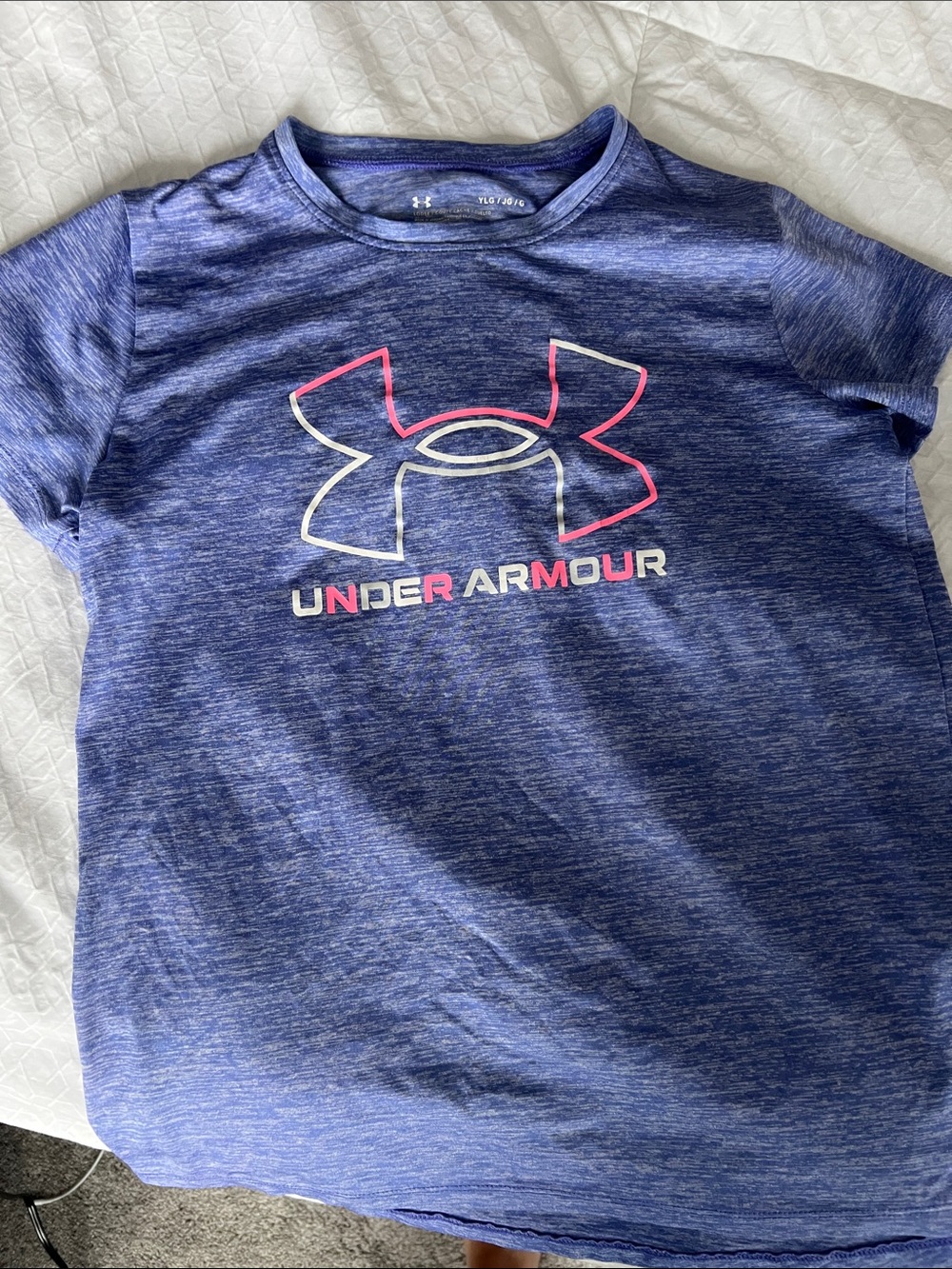 Under Armour Girls Blue Heather Performance Tee with Pink Accent Logo